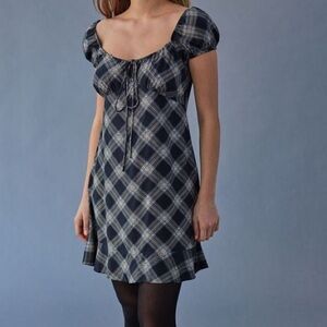 Motel Rocks Black Plaid Puff-Sleeve Mini Dress